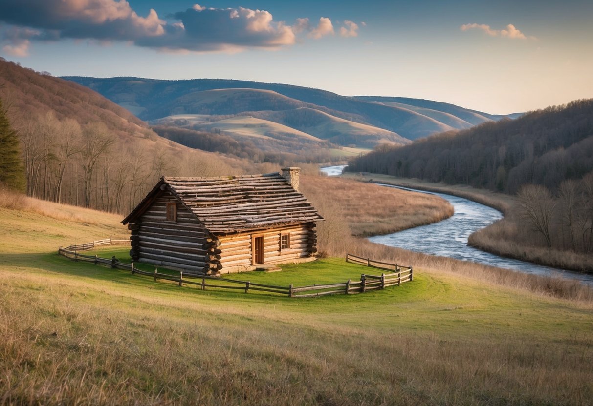 A rustic log cabin nestled in a wooded clearing, surrounded by rolling hills and a winding river, with a sense of history and legislative significance in the air