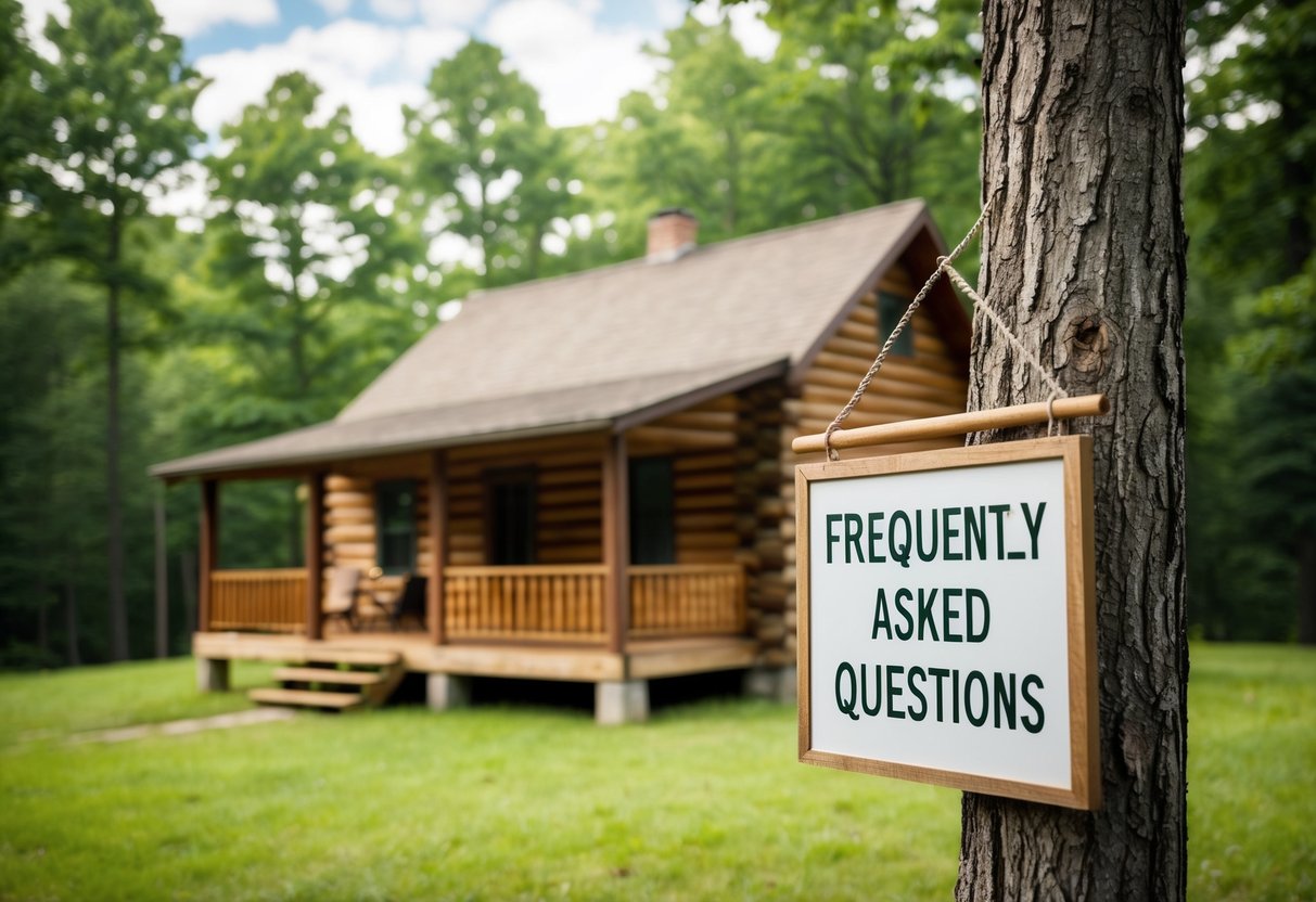 A log cabin nestled in an Indiana forest, with a sign labeled "Frequently Asked Questions" hanging from the front porch