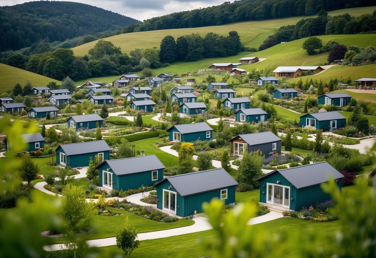A tranquil village of tiny homes nestled among rolling hills, surrounded by lush greenery and dotted with communal spaces and gardens