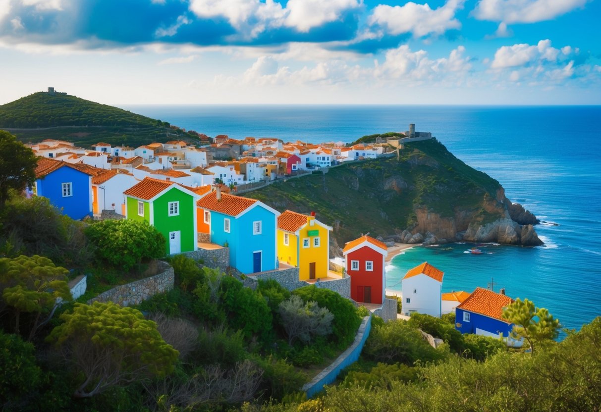 Colorful tiny houses nestled on a hillside in Portugal, surrounded by lush greenery and overlooking the sparkling blue ocean