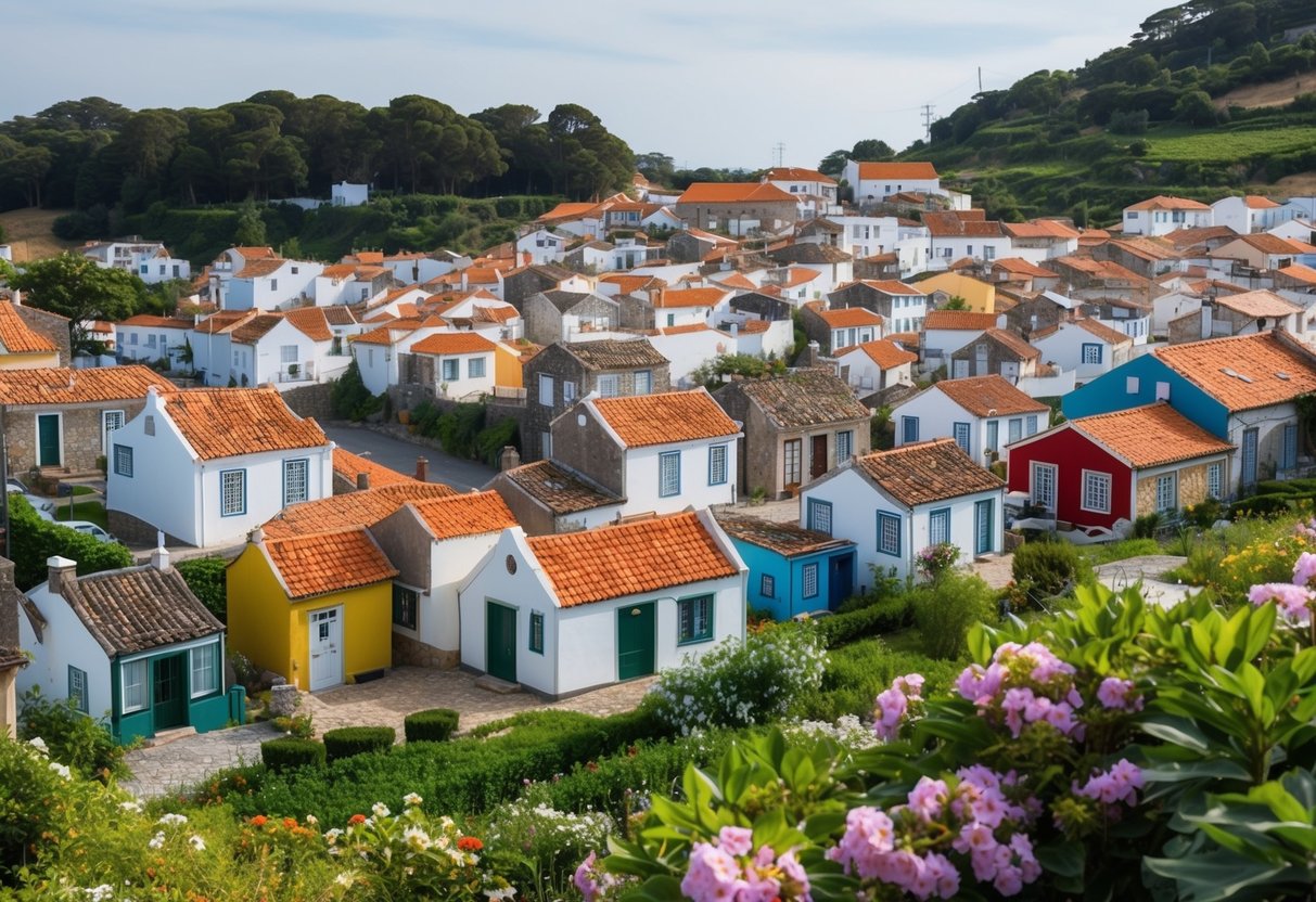 A variety of tiny houses nestled in a picturesque Portuguese village, surrounded by lush greenery and blooming flowers