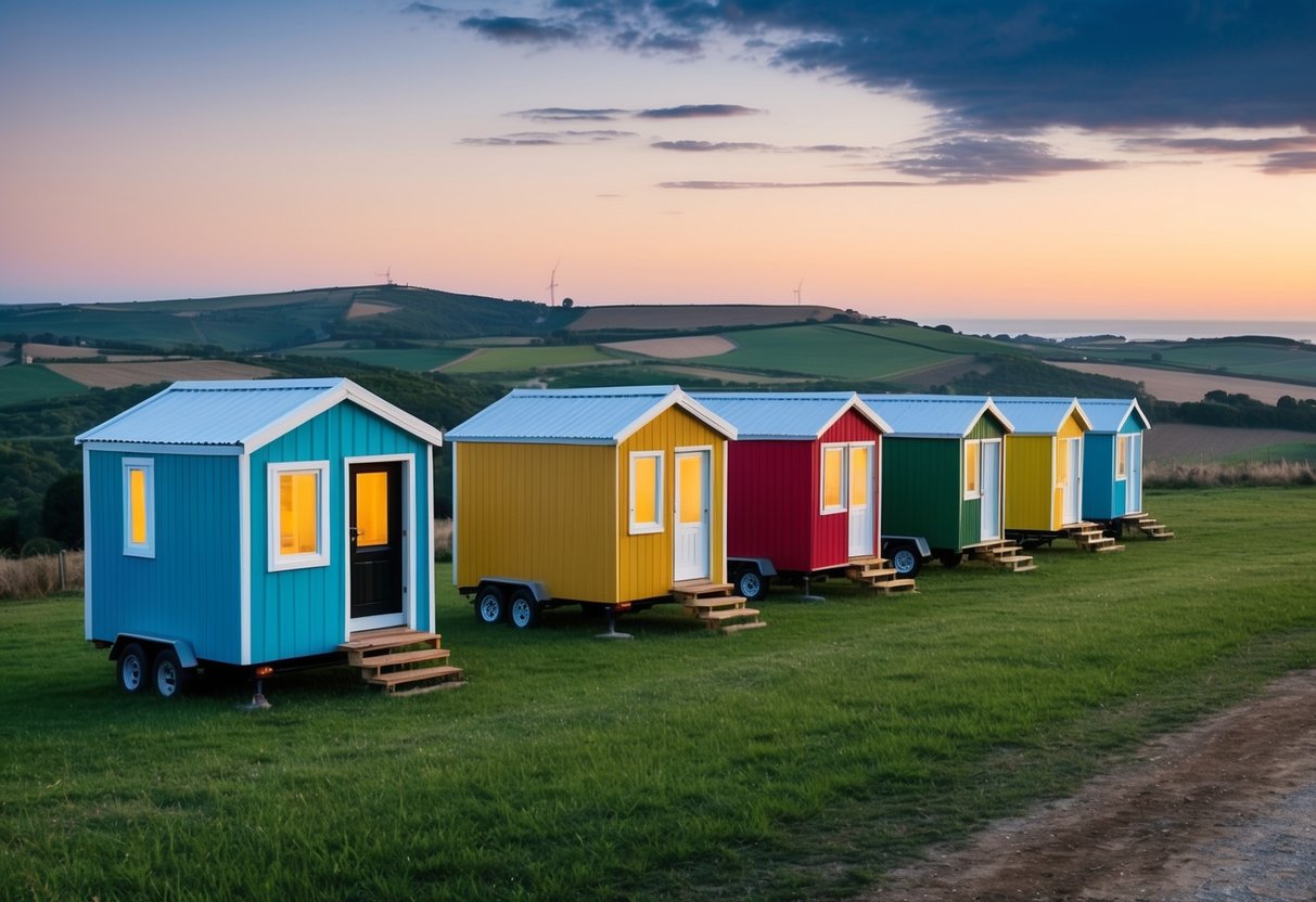 A row of colorful, compact tiny houses nestled in the picturesque countryside of Portugal, each with unique design features and modern facilities