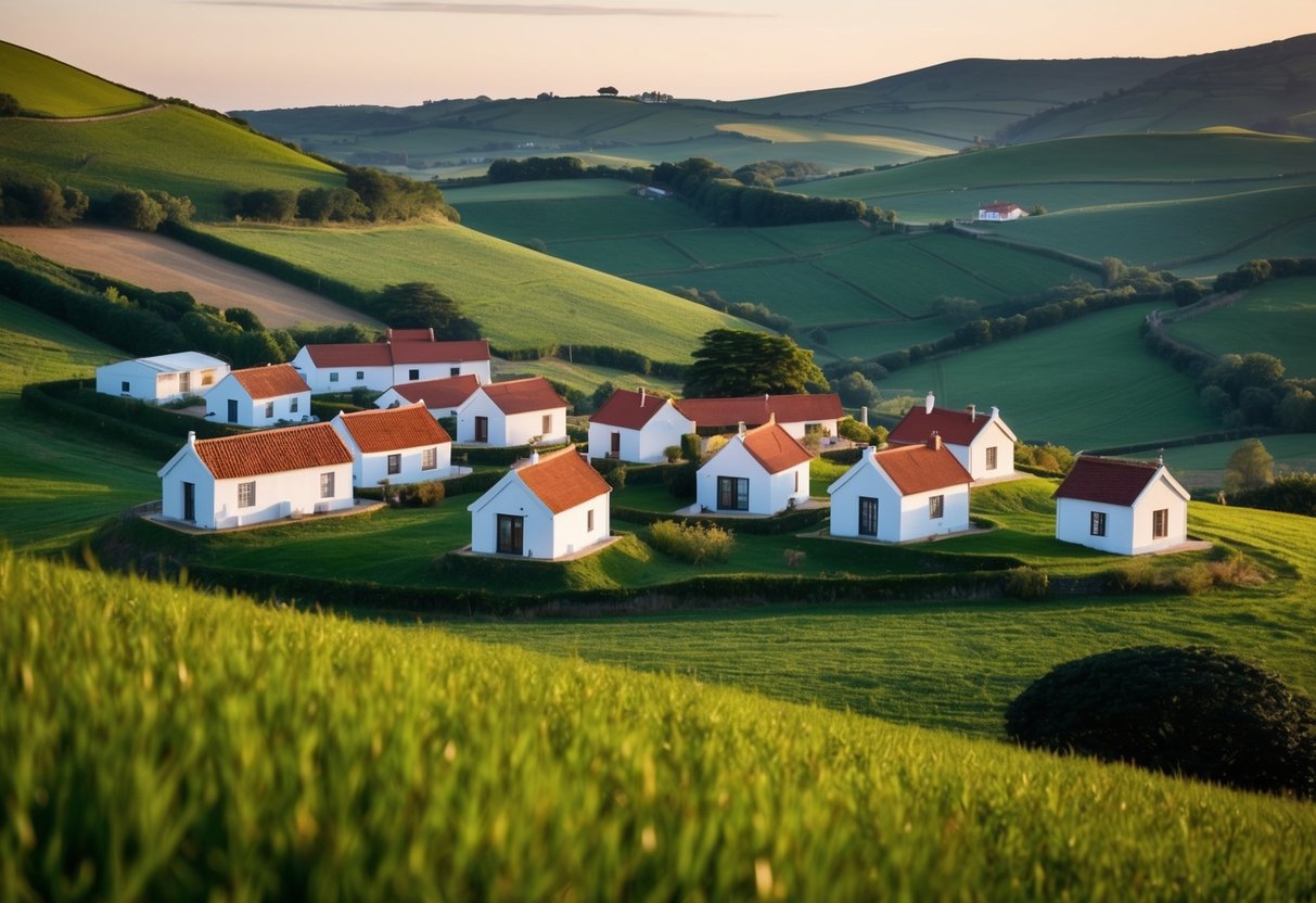 A cluster of tiny houses nestled in the picturesque countryside of Portugal, surrounded by rolling hills and lush greenery
