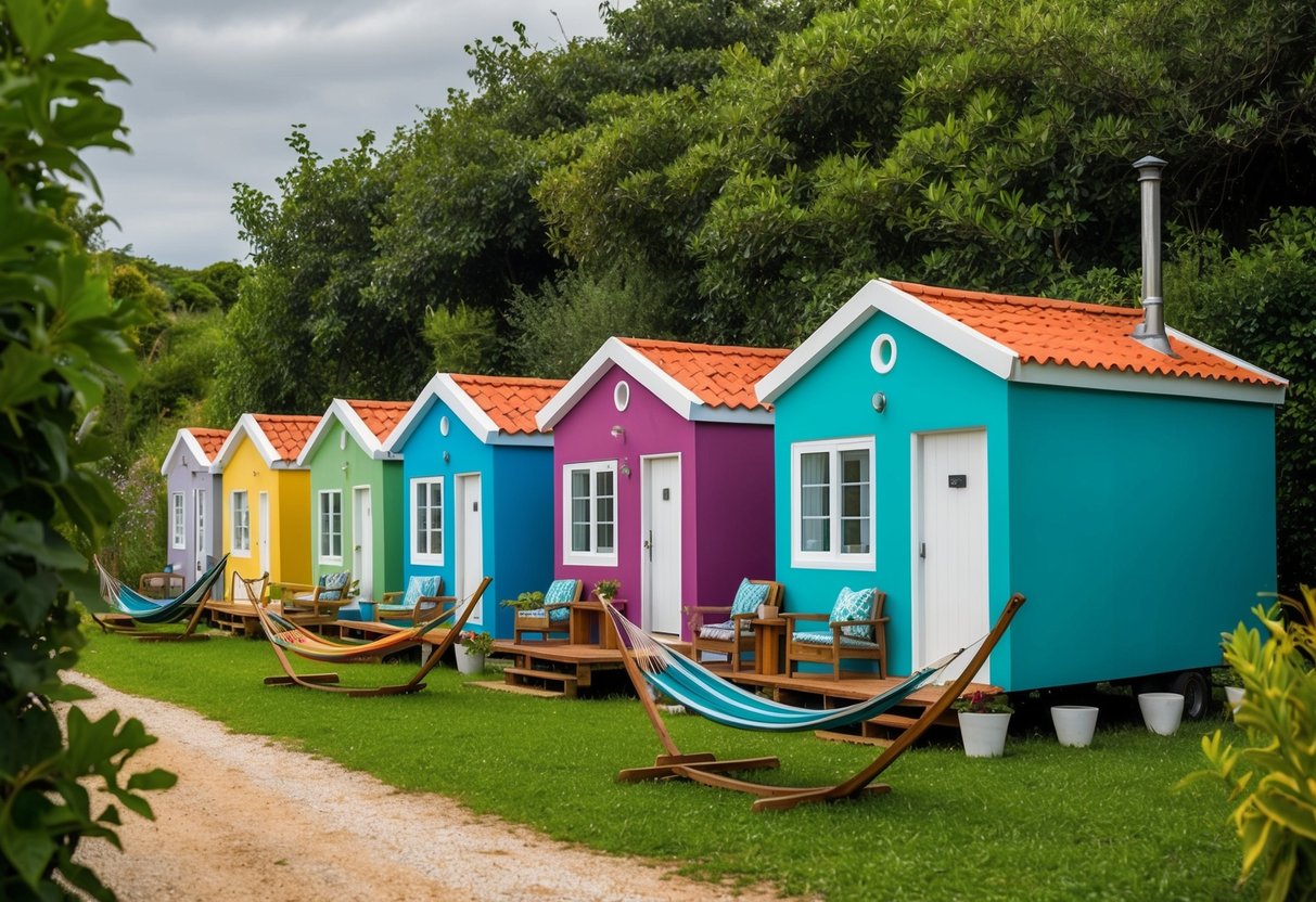 A row of colorful tiny houses nestled among lush greenery, with outdoor seating and hammocks for guests to relax and enjoy the serene Portuguese countryside
