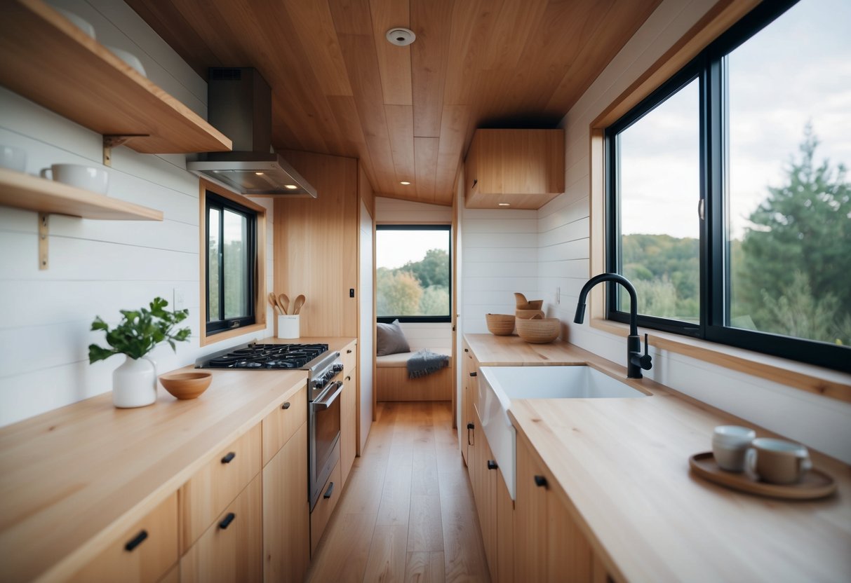 A cozy, minimalist tiny house with clean lines, natural materials, and a blend of Japanese and Scandinavian design elements