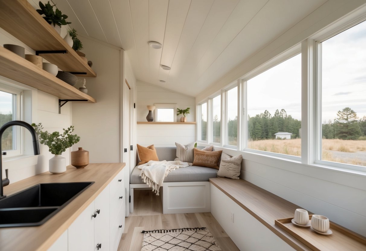 A serene, minimalist tiny house interior with neutral earth tones and Japandi-style decor