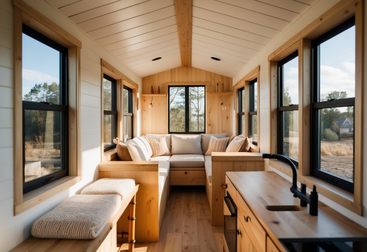 A cozy, minimalist tiny house interior with wooden furniture and bamboo accents, bathed in natural light from large windows