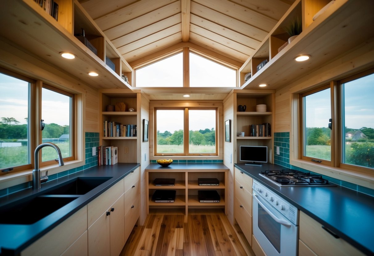 A Japandi-style tiny house with built-in storage solutions, utilizing every inch of space efficiently