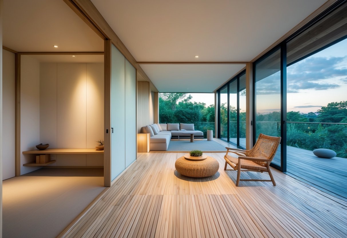 A serene, minimalist interior with natural materials and clean lines, accented by Japanese-inspired decor and an open floor plan promoting tranquility