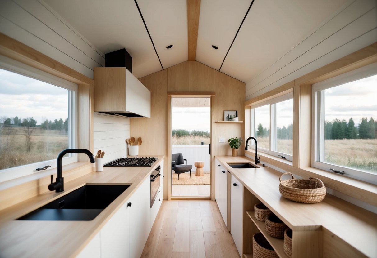 A minimalistic tiny house with clean lines, natural materials, and cozy Scandinavian-inspired furnishings