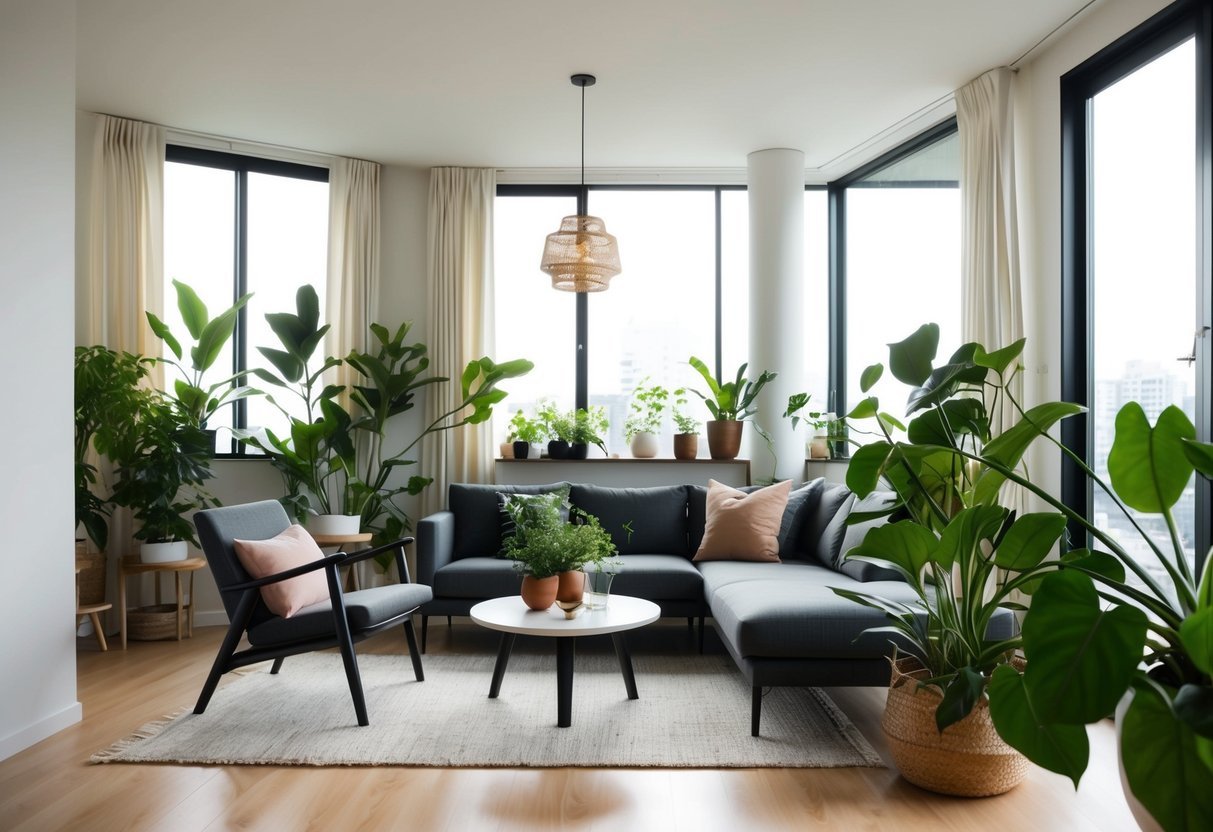A cozy, minimalist living space with sleek Japandi-style furniture and an abundance of indoor plants creating a natural and tranquil ambiance
