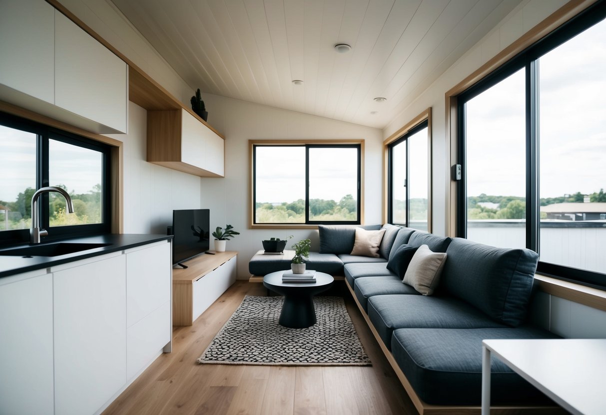 A minimalist living area with functional, sleek furniture in a Japandi-style tiny house