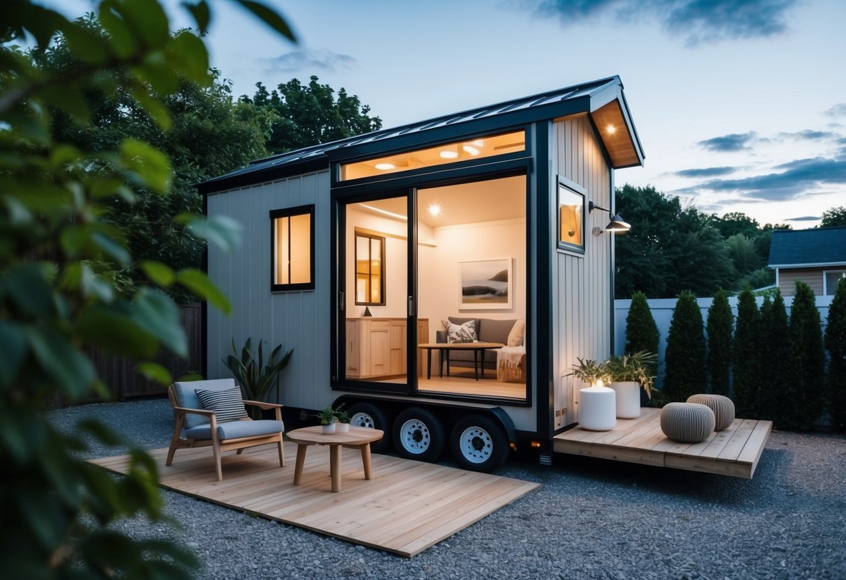 A cozy tiny house with clean lines, natural materials, and minimalistic furniture, blending Japanese and Scandinavian design elements