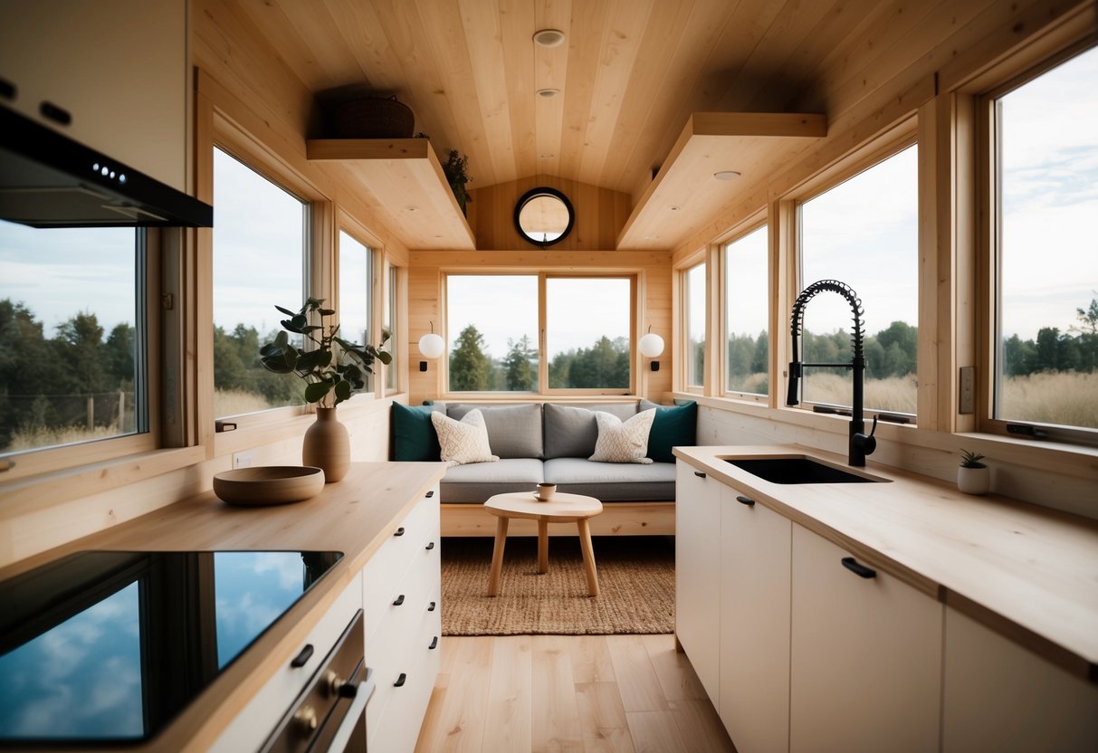 A cozy tiny house interior with minimalist furniture, natural materials, and a blend of Japanese and Scandinavian design elements