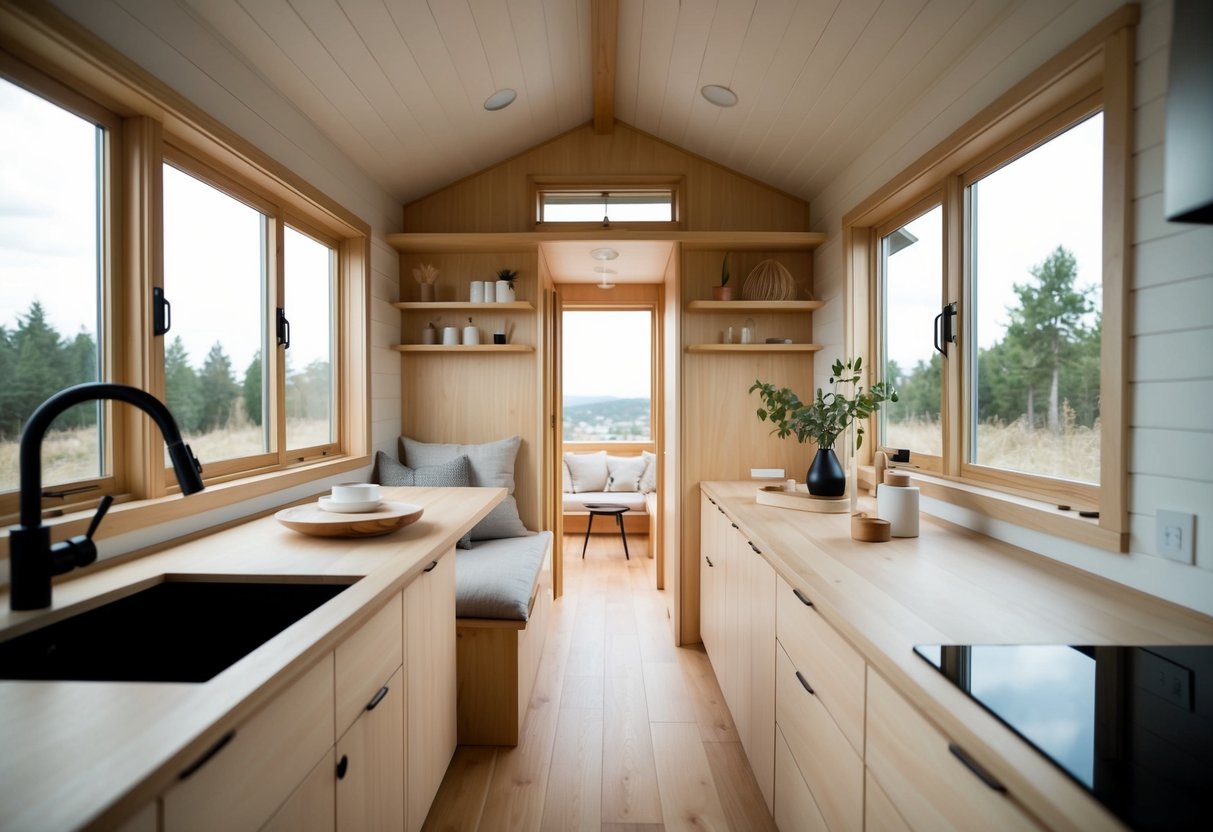 A cozy Japandi-style tiny house with clean lines, natural materials, and minimalist decor. A mix of Japanese and Scandinavian influences creates a tranquil and functional living space