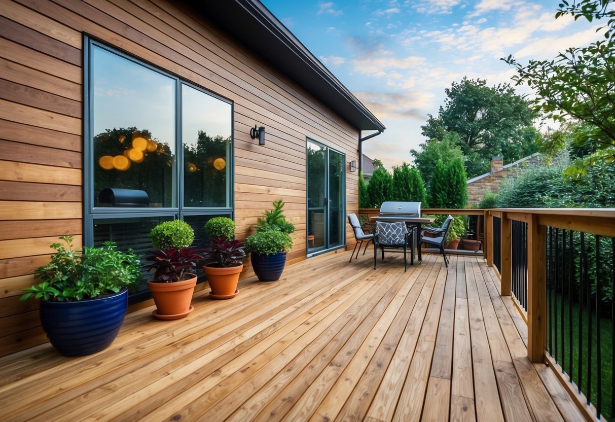 A wooden deck attached to the back of a modern house, with potted plants, outdoor furniture, and a grill for entertaining