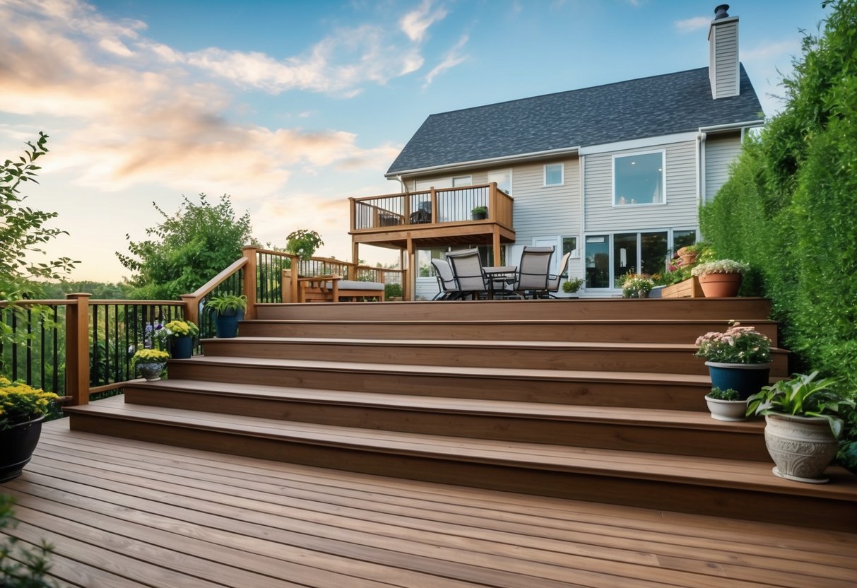 A multi-level wooden deck with integrated seating extends from the back of a house, surrounded by lush greenery and adorned with potted plants