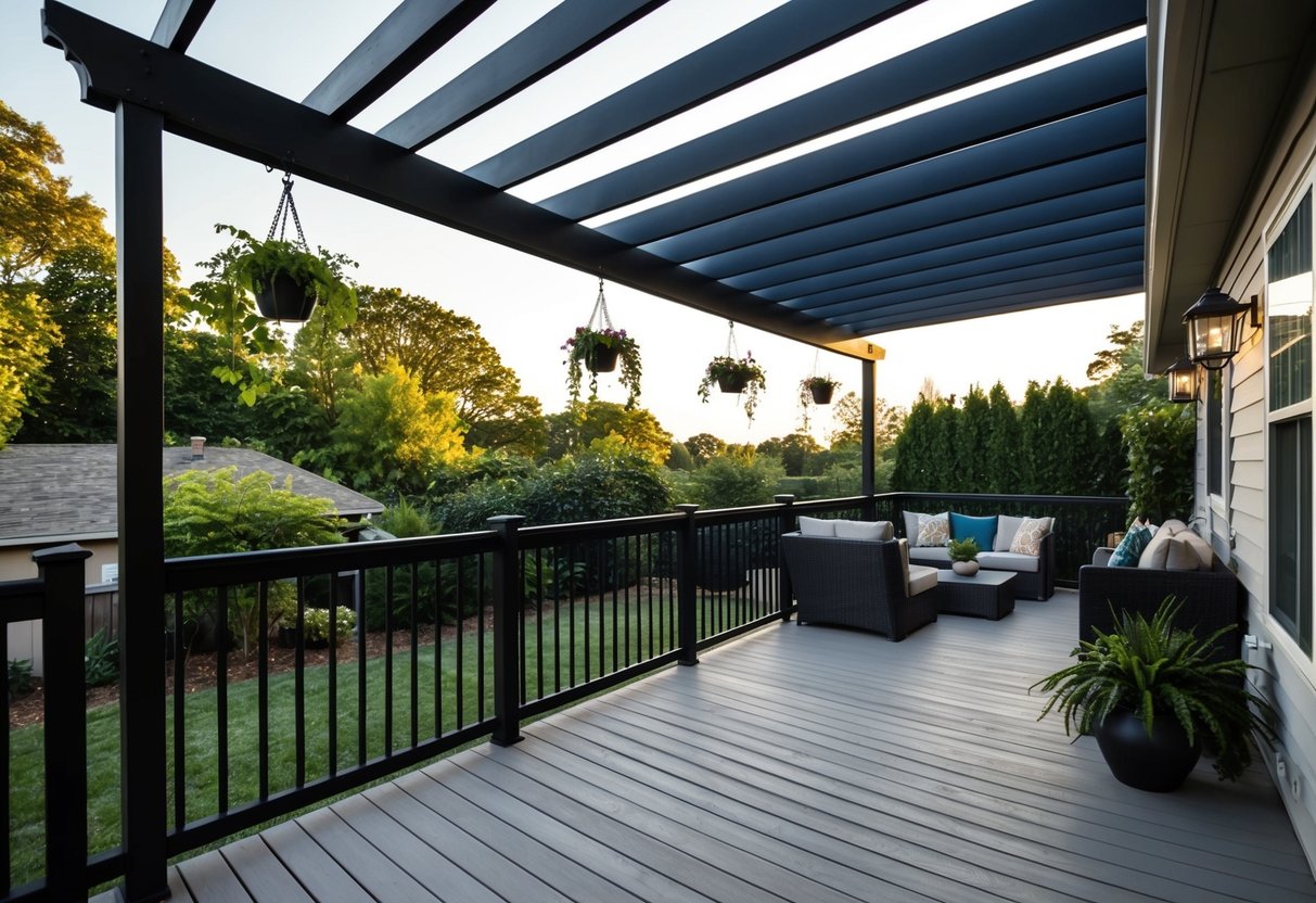A pergola-covered deck extends off the back of a house, adorned with hanging plants and cozy seating areas