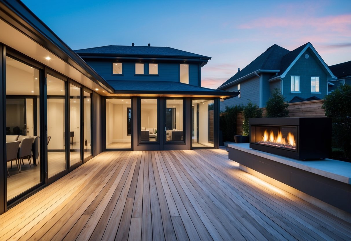 A spacious deck with ambient edge lighting wraps around the back of a modern house, featuring a sleek outdoor fireplace as the focal point
