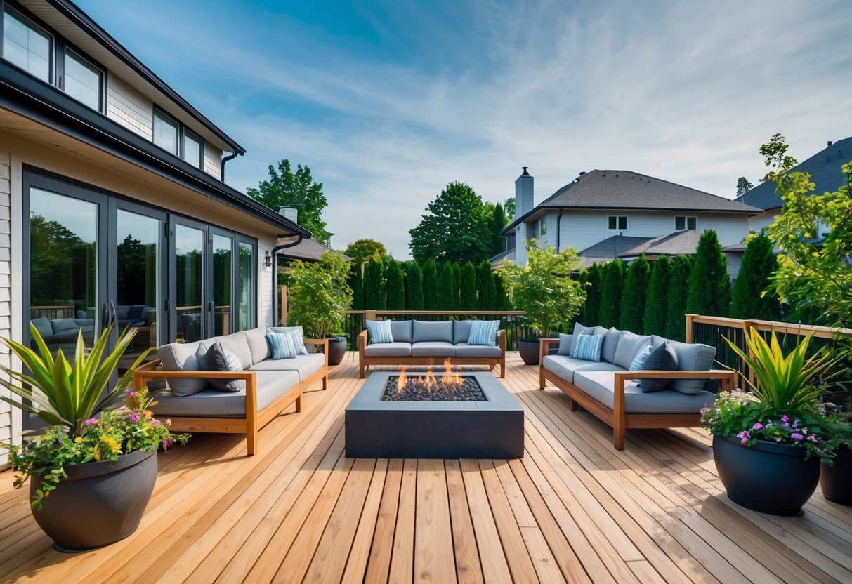 A spacious wooden deck extends from the back of a modern house, with comfortable seating, a built-in fire pit, and lush potted plants creating a cozy outdoor living space