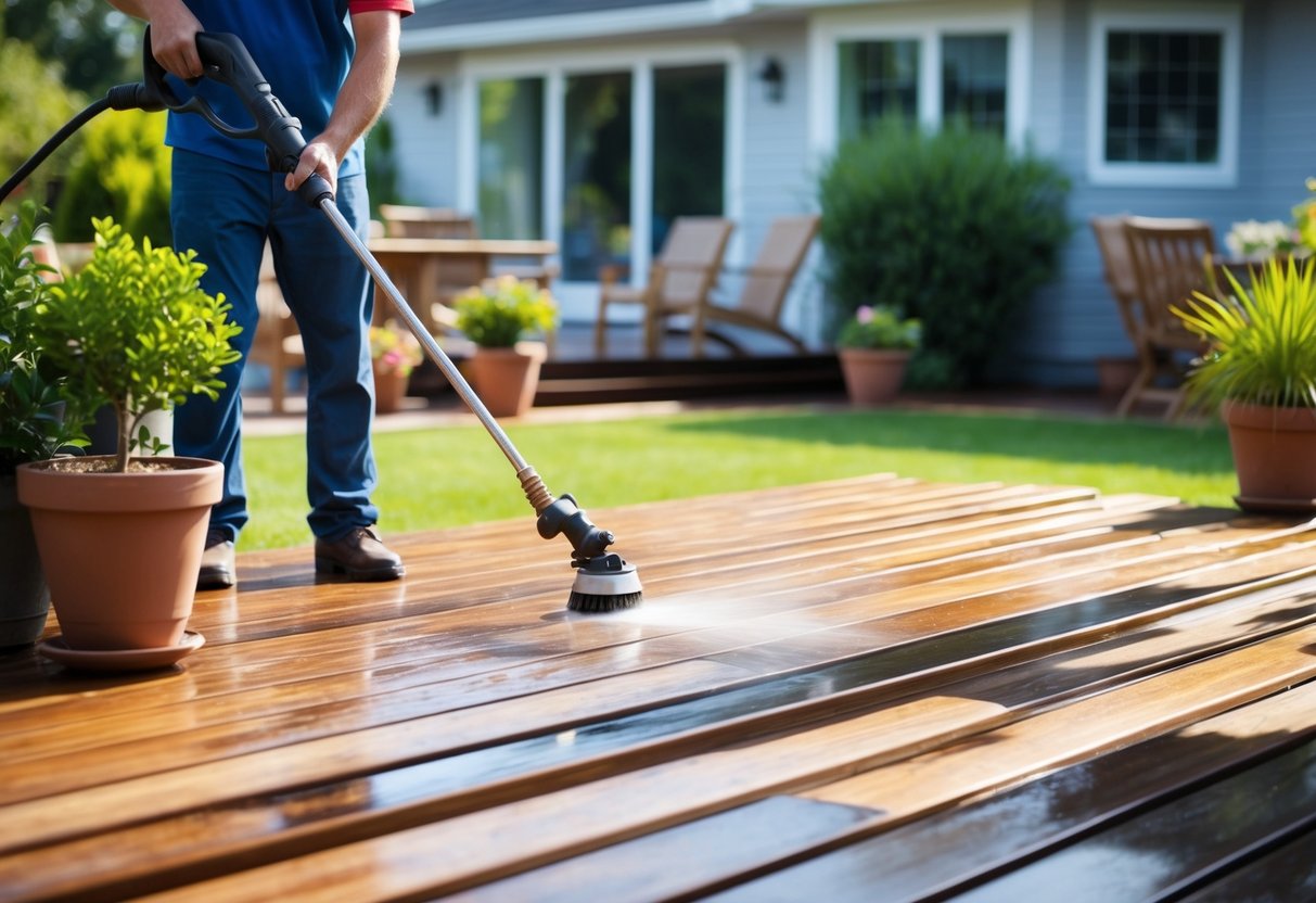A deck being power washed and sealed, surrounded by potted plants and outdoor furniture, with the house in the background