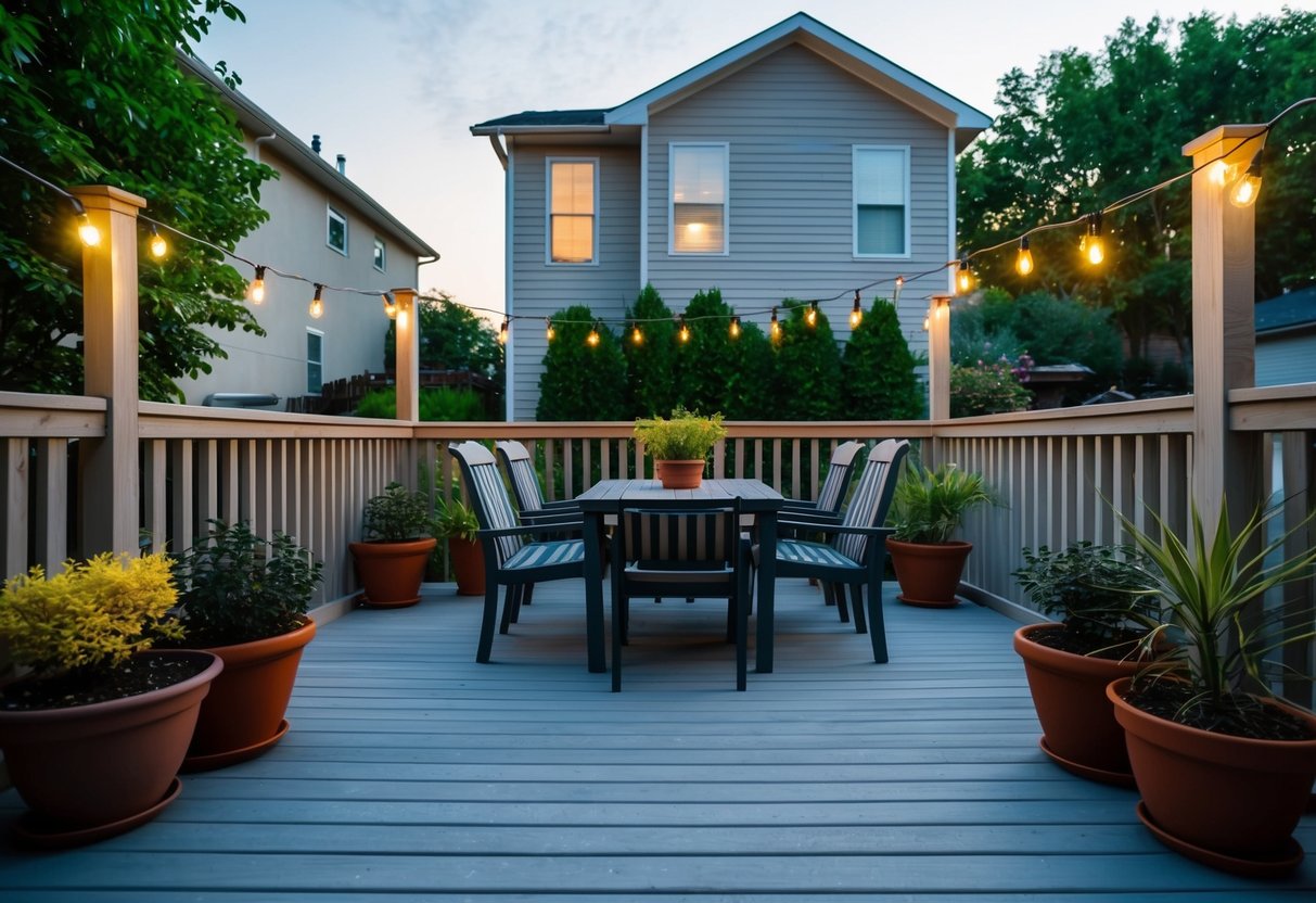 A deck with a table and chairs sits behind a house, surrounded by potted plants and string lights