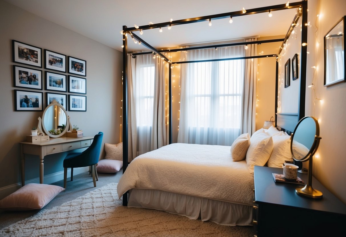 A cozy bedroom with a canopy bed, fairy lights, and a gallery wall of photos and artwork. A desk with a vanity mirror and a cozy reading nook with floor cushions