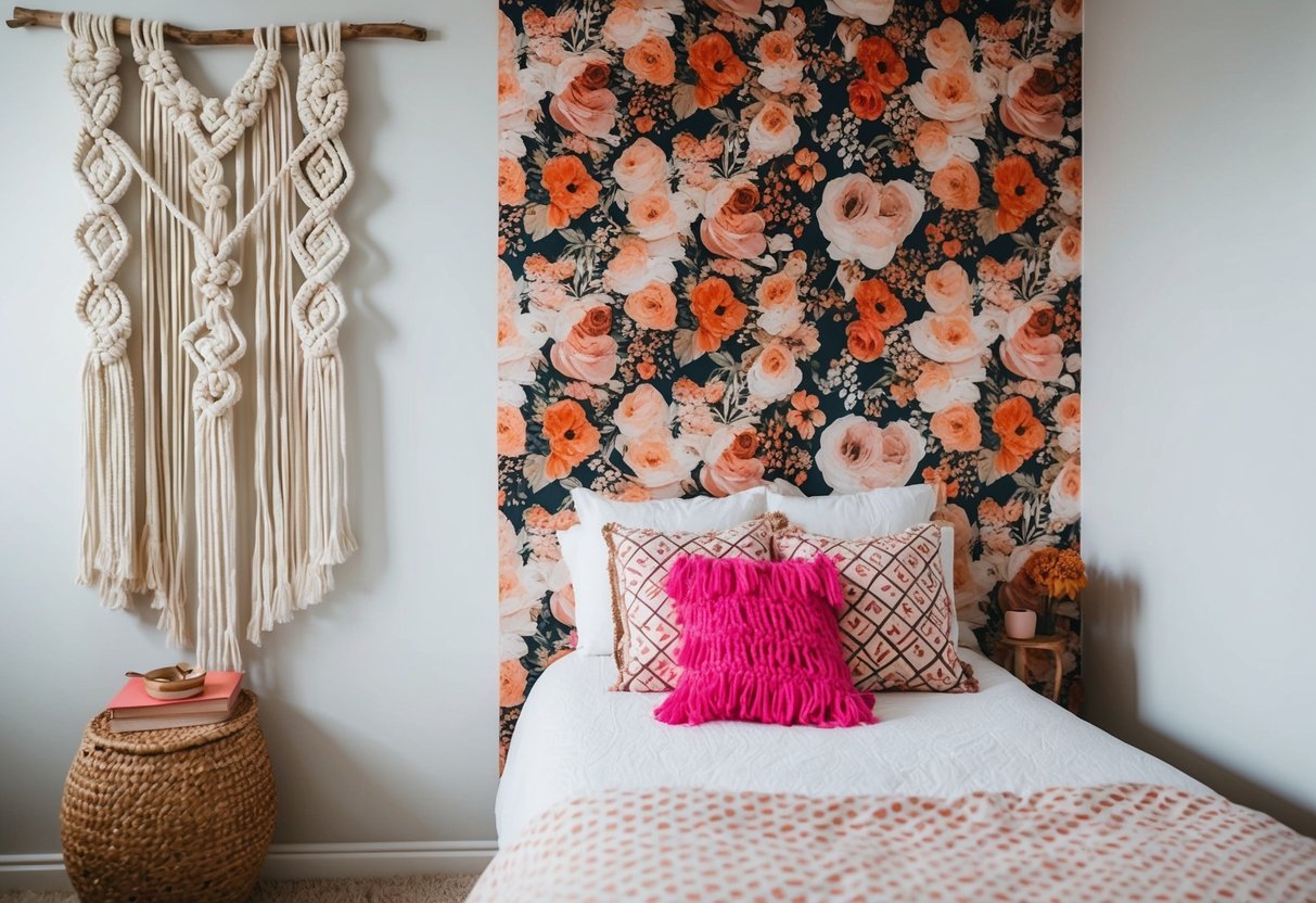 A boho floral accent wall with macrame hangings in a teen girl's bedroom
