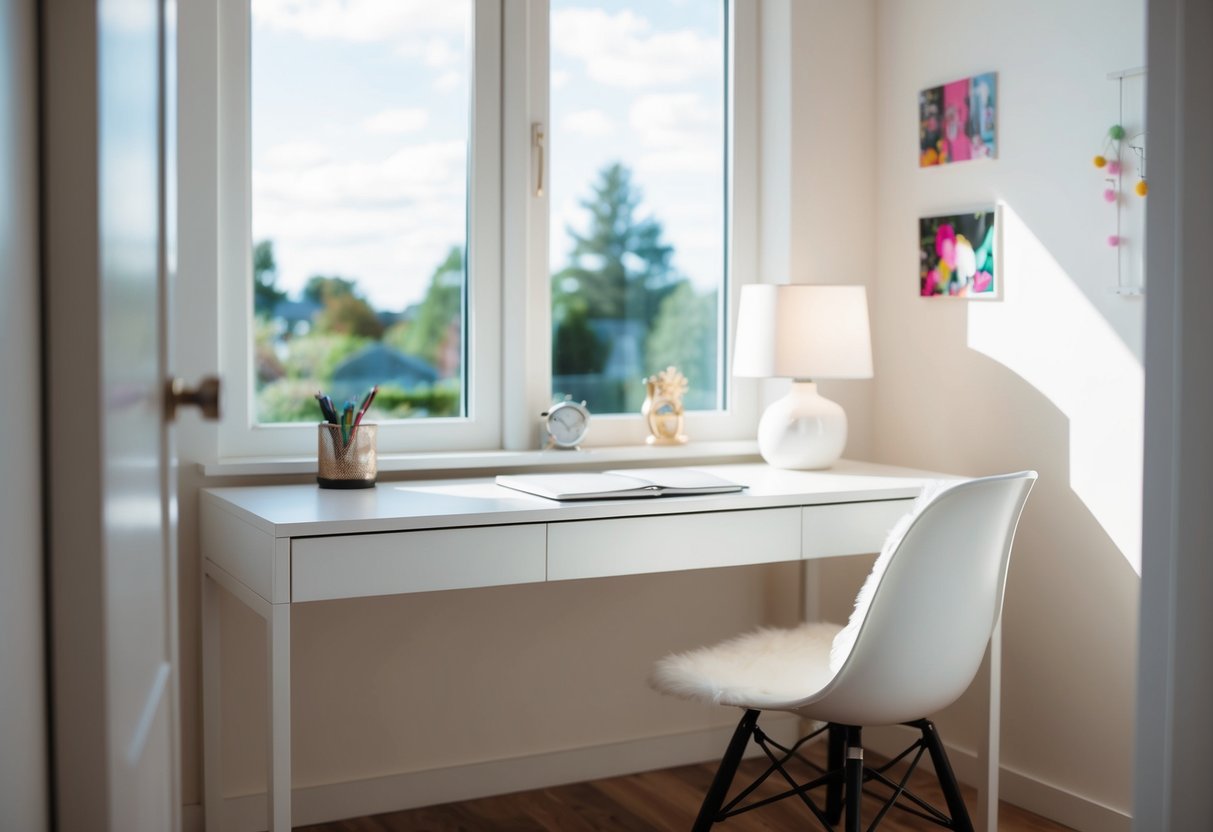 A sleek, minimalist desk with Scandinavian design sits in a bright, naturally lit teen girl's bedroom