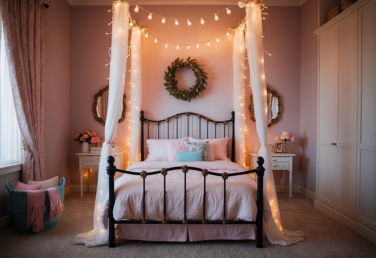 A vintage-inspired canopy bed adorned with string lights creates a cozy and whimsical atmosphere in a teenage girl's bedroom