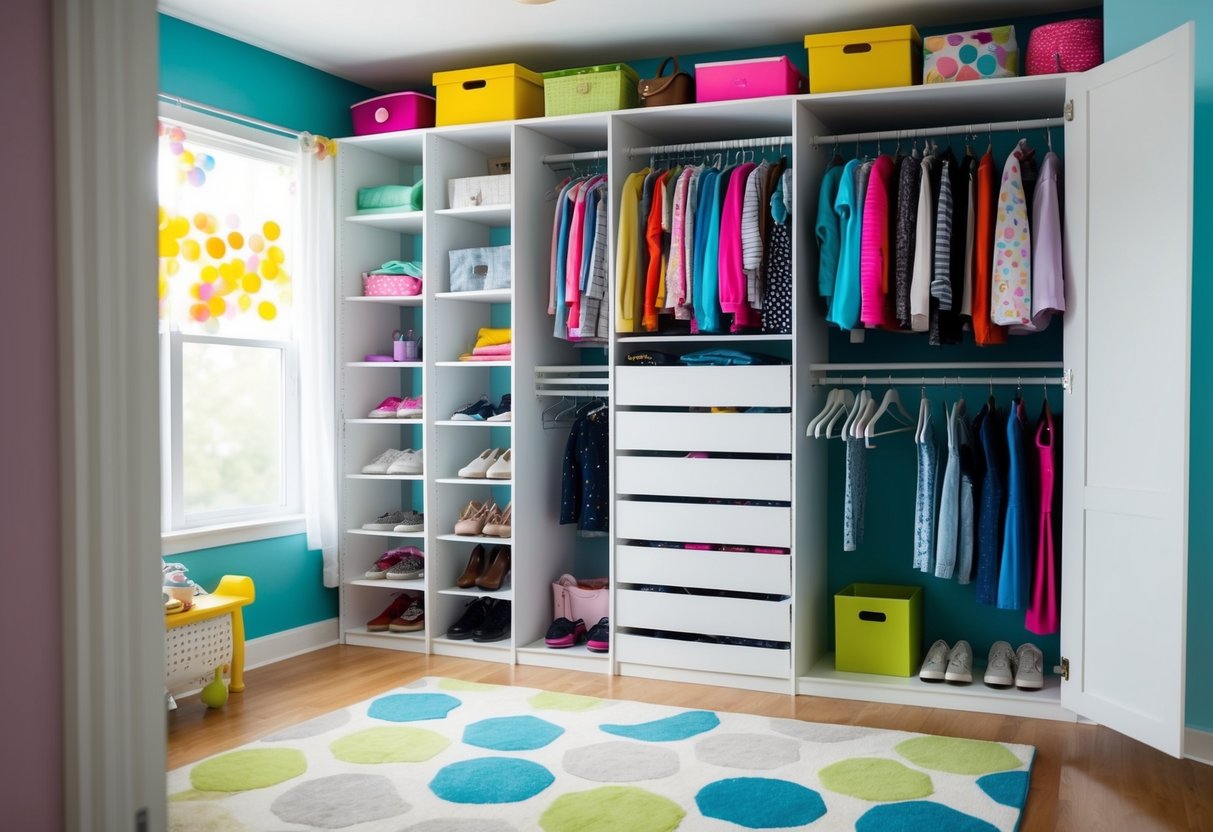 A spacious bedroom with a custom IKEA closet system filled with neatly organized clothes, shoes, and accessories. The room is bright and colorful, with plenty of storage options for eight teen girls