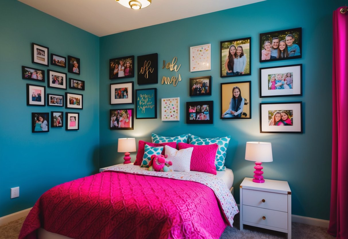 A gallery wall in a teen girl's bedroom, filled with personalized art and photos