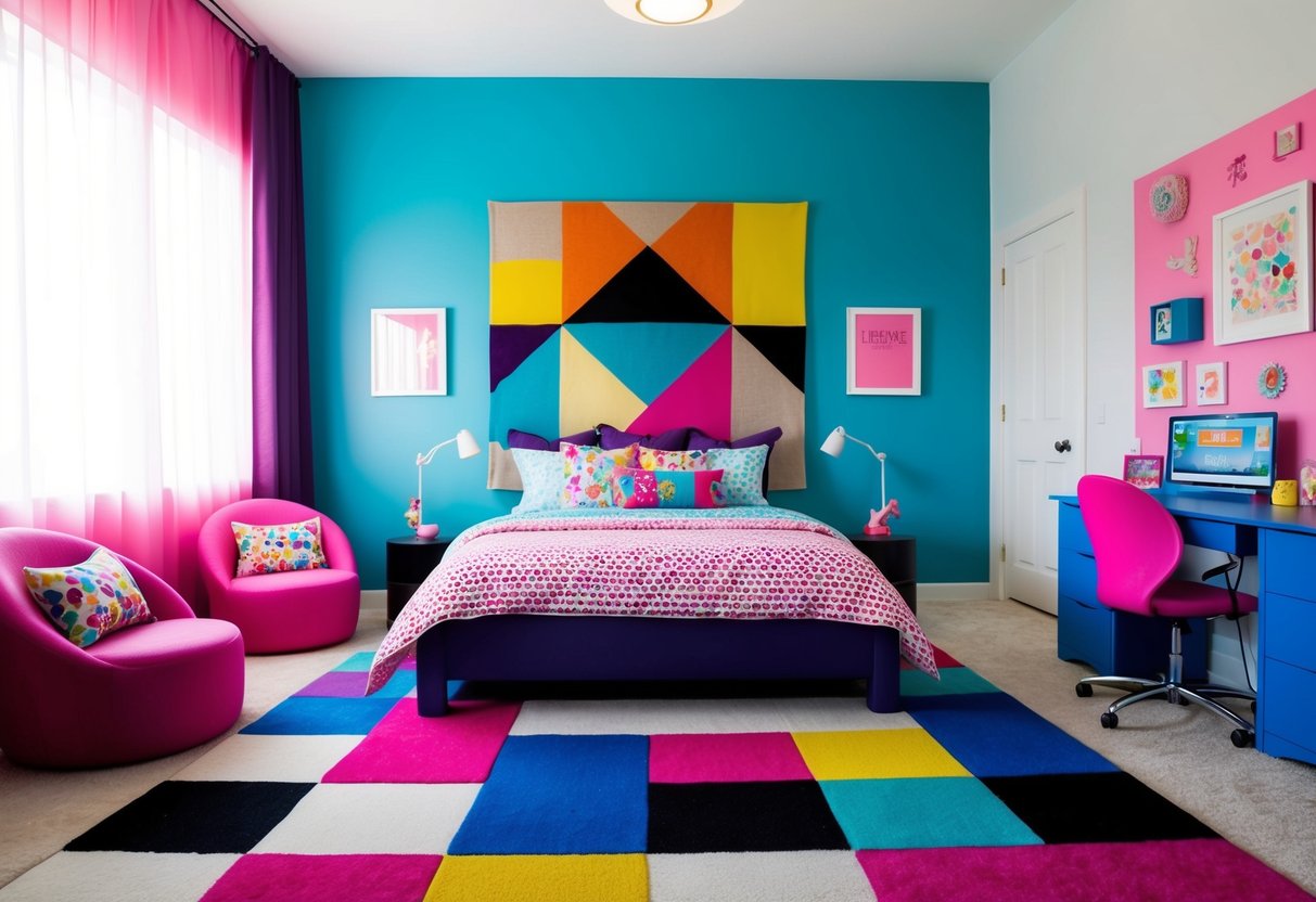 A bold geometric rug in complementary colors anchors a vibrant teen girl's bedroom, adding a modern and playful touch to the space