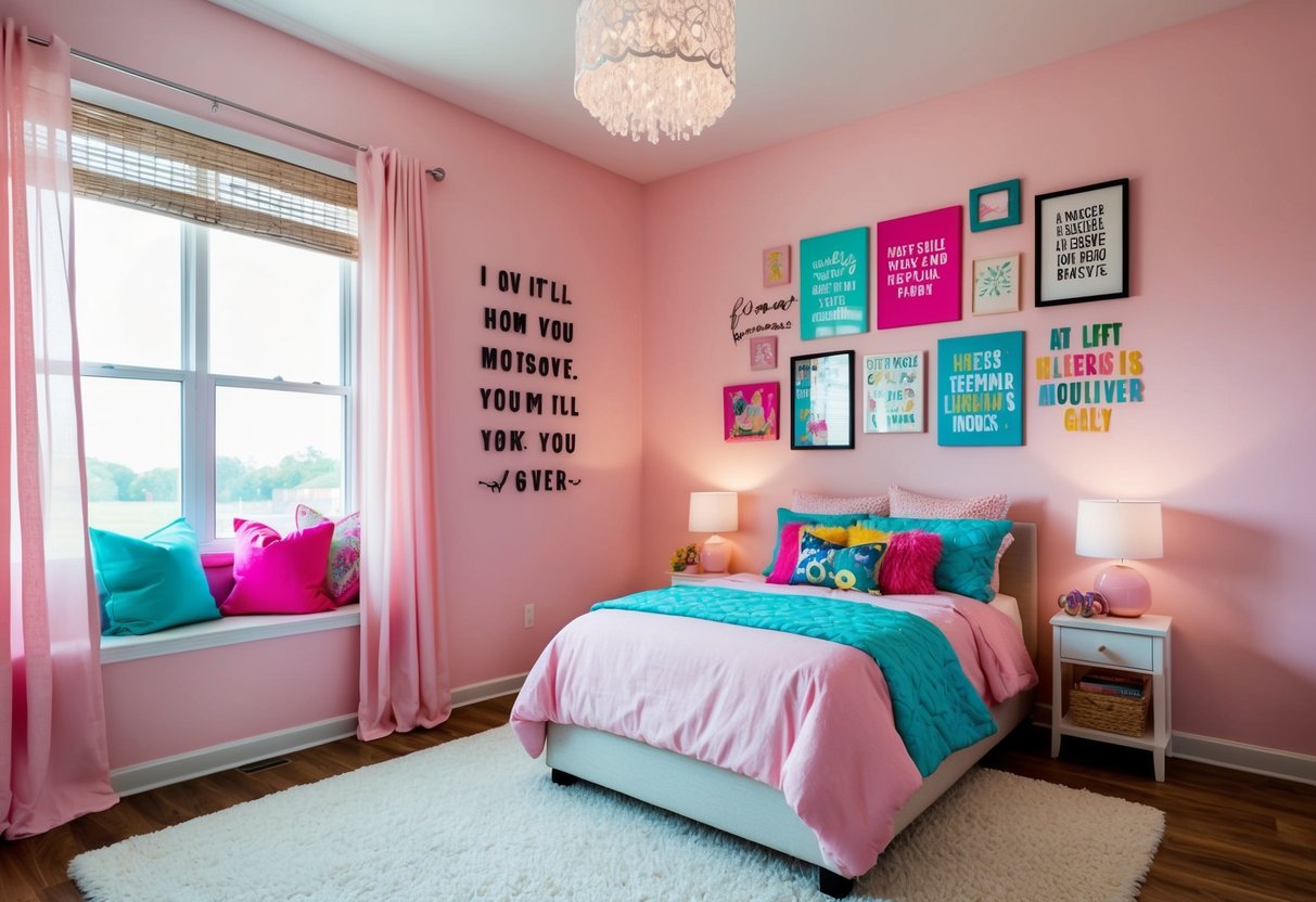 A teenage girl's bedroom with pastel pink walls, a cozy reading nook, and a vibrant gallery wall filled with motivational quotes and artwork
