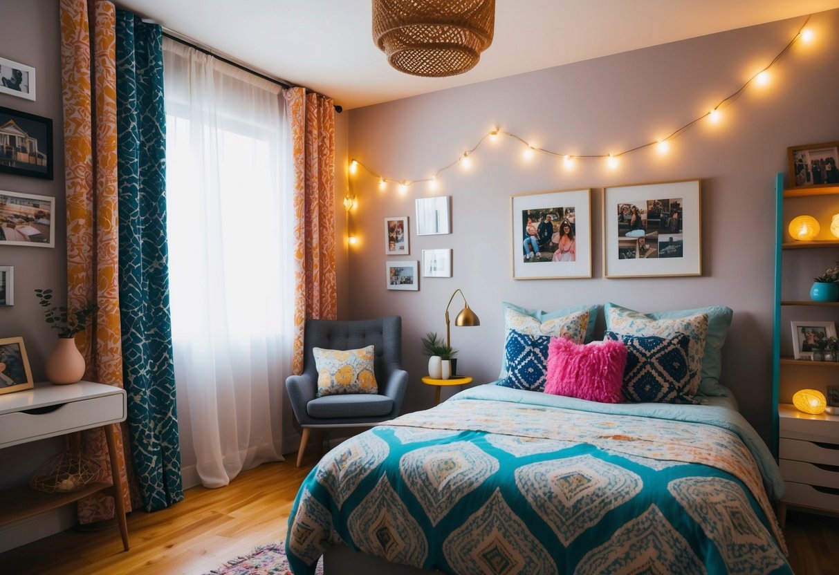 A cozy and colorful bedroom with a mix of patterns, fairy lights, and personal decor items like photos, artwork, and unique furniture pieces