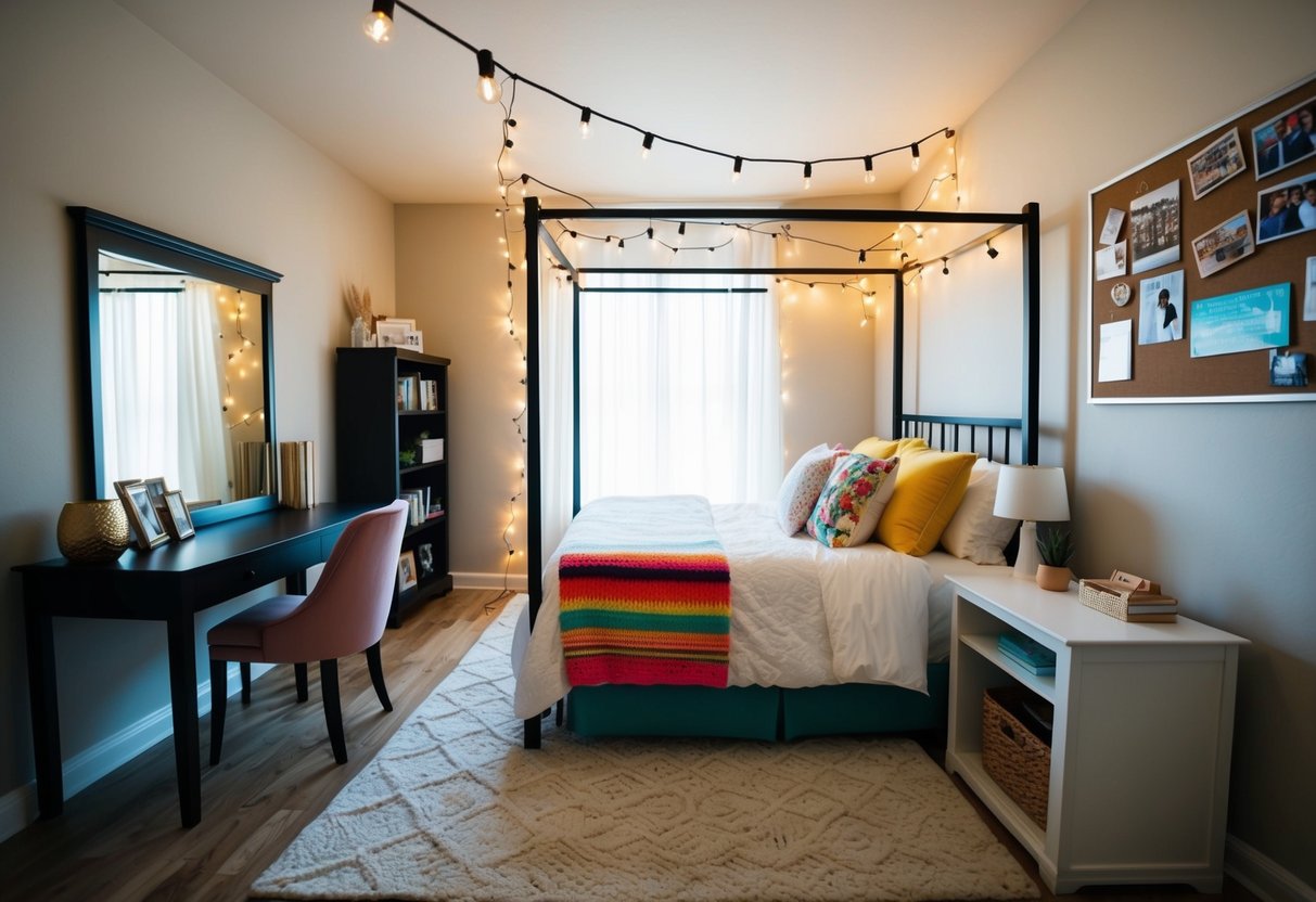 A cozy bedroom with a canopy bed, string lights, and colorful throw pillows. A desk with a mirror, a bookshelf, and a bulletin board with photos and art