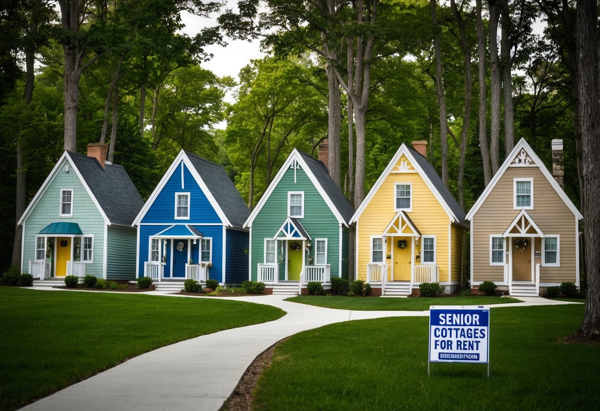 Five quaint cottages nestled among trees, each with a unique design and color. A winding path leads to each front door, and a sign advertises "Senior Cottages for Rent."