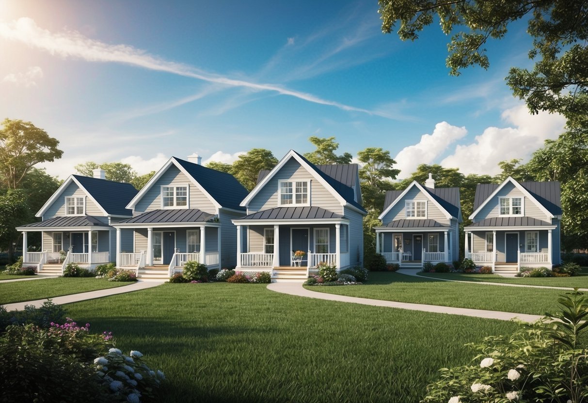 Five charming senior cottages nestled in a serene setting, with lush greenery and a clear blue sky overhead. Each cottage features a cozy porch and picturesque surroundings