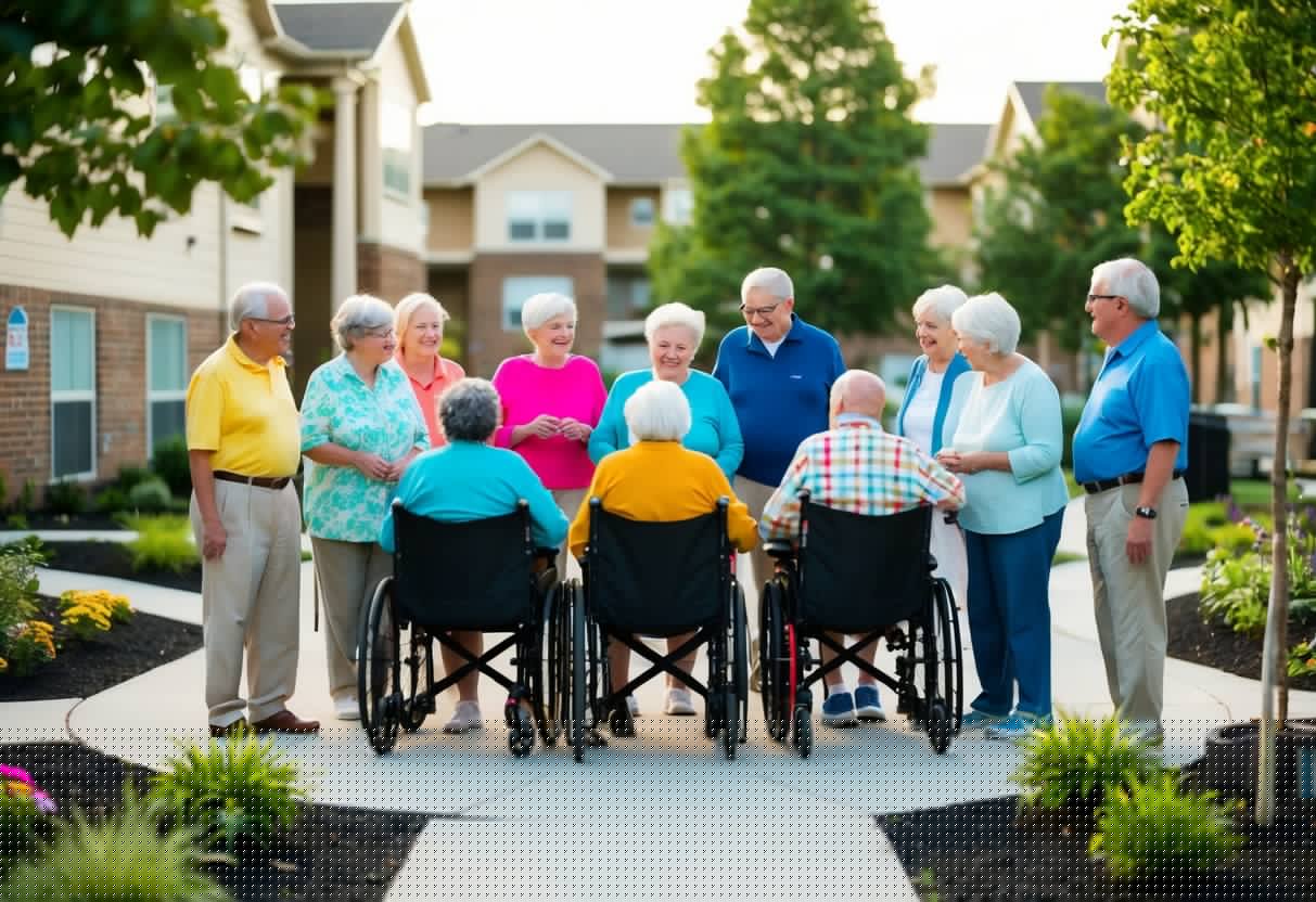 A group of seniors gather in a cozy, subsidized housing complex, surrounded by community gardens and accessible amenities