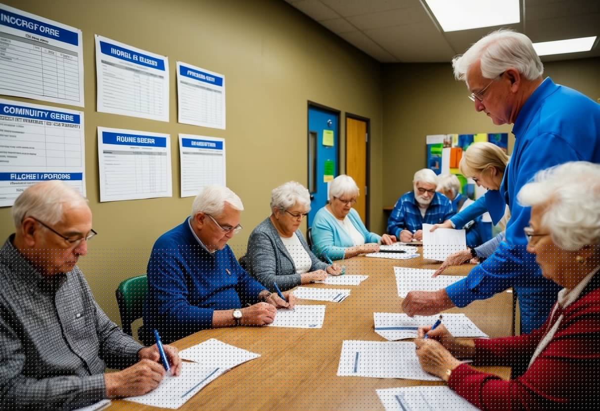 A group of seniors filling out forms in a community center, with income documents and eligibility criteria posted on the wall