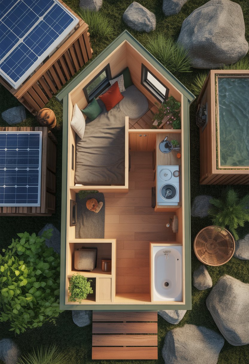 Top-down view of a 10 by 20 tiny house floor plan showing living, kitchen, bathroom, and sleeping areas with eco-friendly design elements.