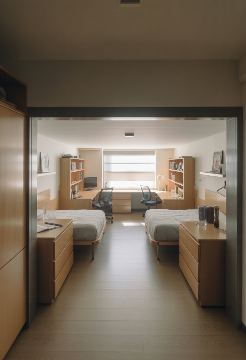 Dorm room for two with two beds, dressers near the entrance, desks, and shelves in an organized layout.