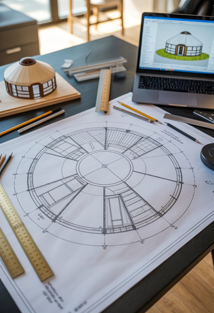 Top-down view of a detailed 3-bedroom yurt house floor plan on a drafting table with architectural tools and a scale model nearby.