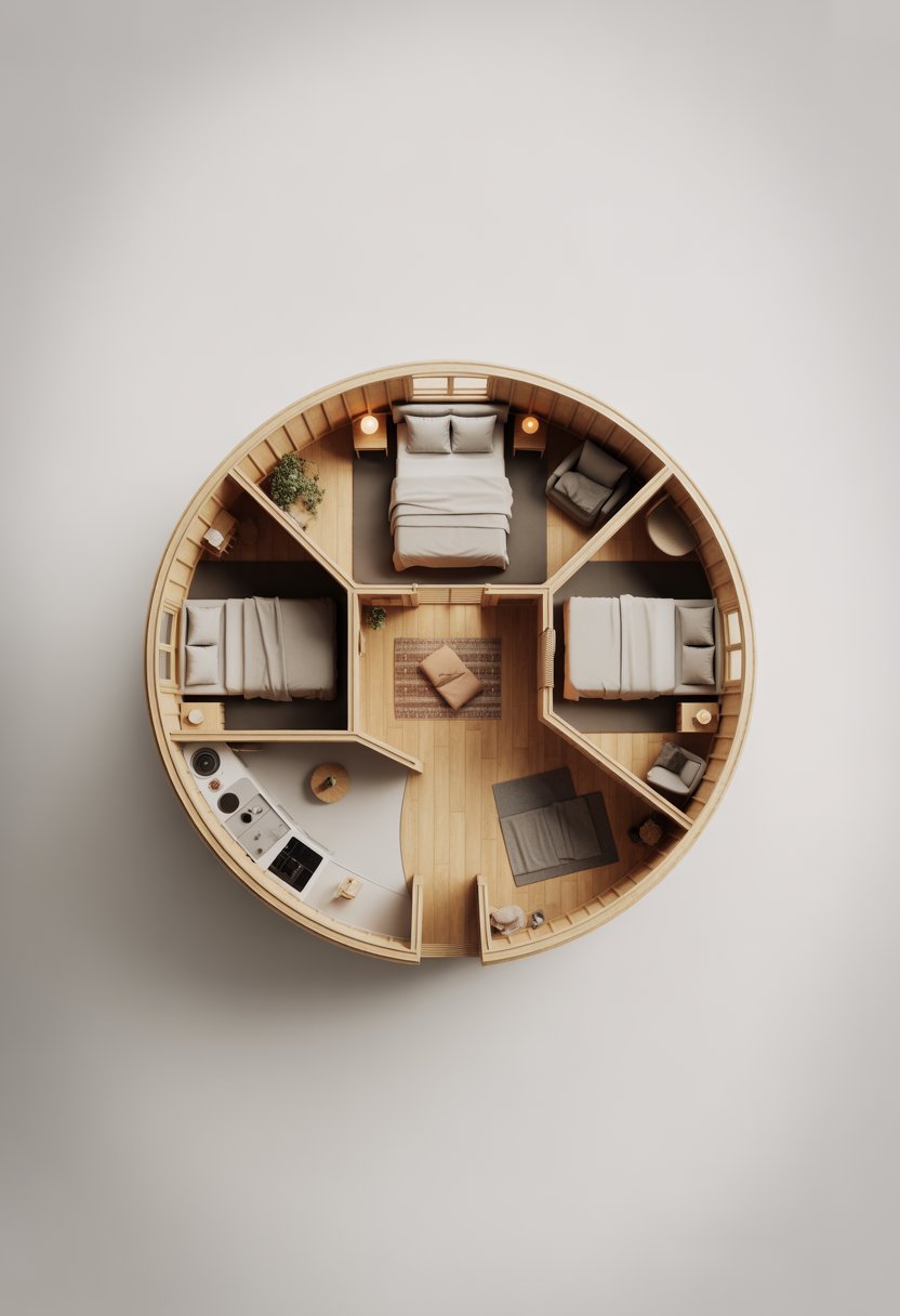 Top-down view of a detailed floor plan for a 3 bedroom yurt house showing rooms and furniture layout.