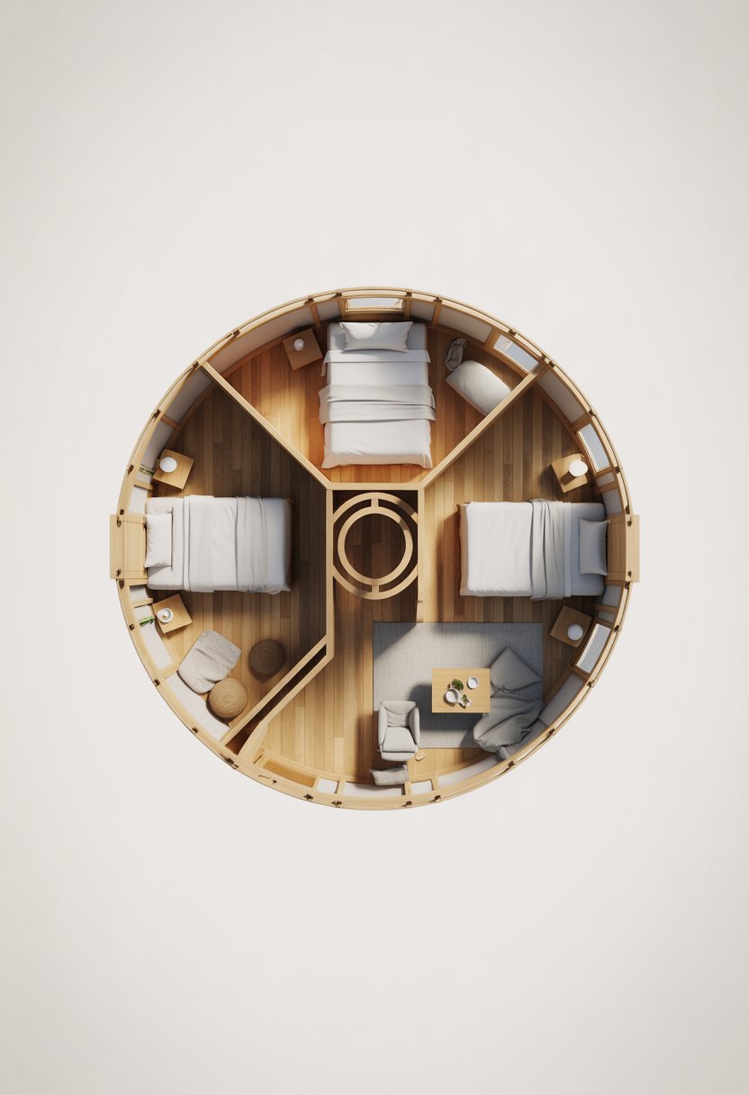 Top-down view of a 3 bedroom yurt house floor plan showing three bedrooms arranged around a central living area inside a circular structure.