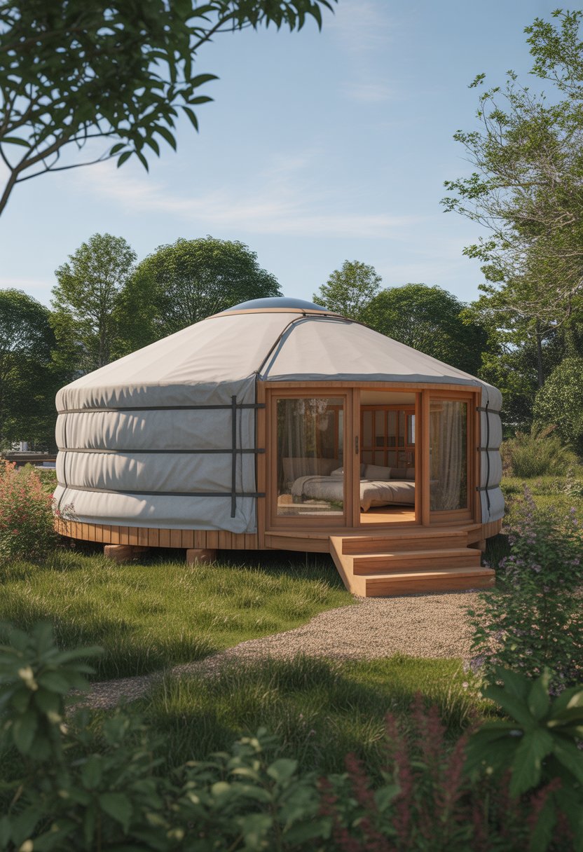 A three-bedroom yurt house surrounded by greenery and plants on a sunny day.