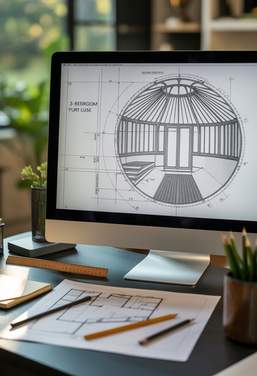 A computer screen on a desk displaying architectural blueprints of a 3-bedroom yurt house plan with drafting tools nearby.