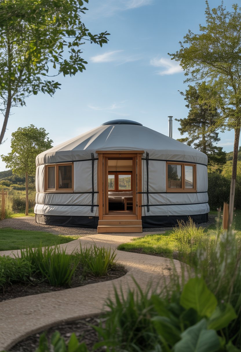 A modern three-bedroom yurt house surrounded by greenery under clear skies.