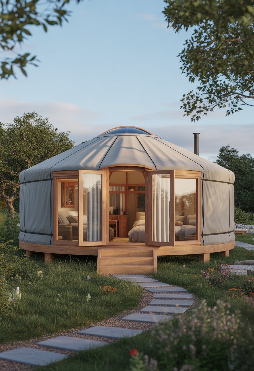 A modern 3-bedroom yurt house surrounded by greenery and a stone pathway under a clear sky.