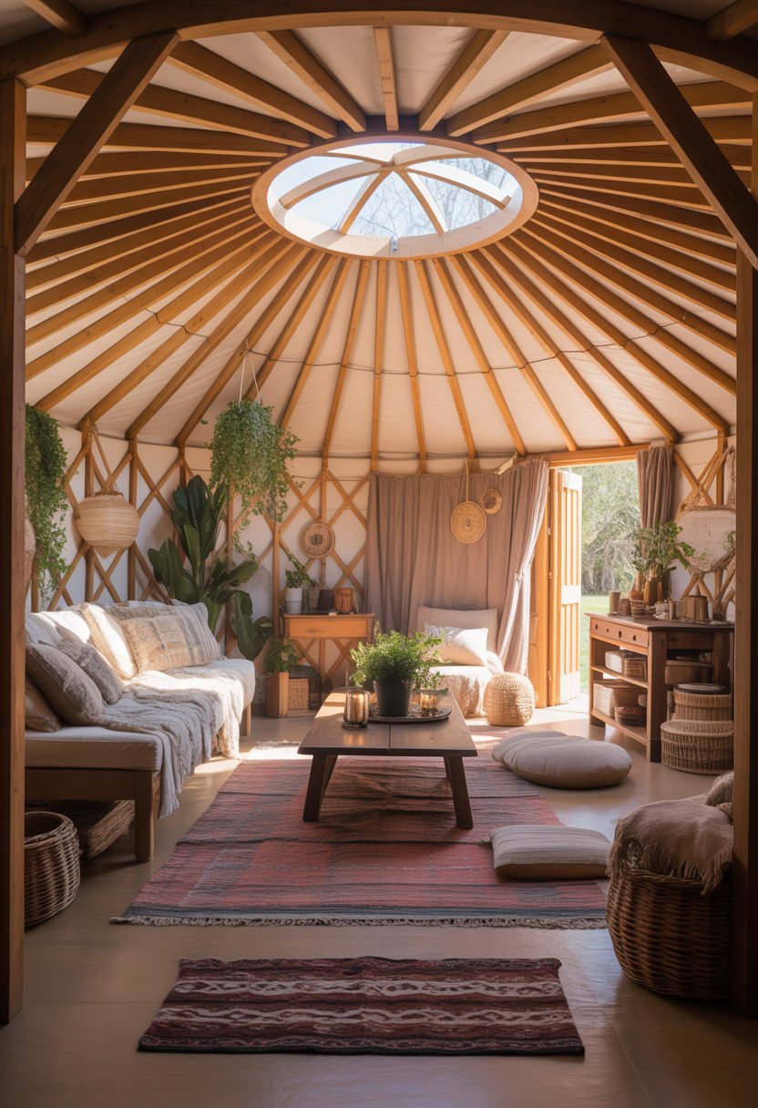 Interior of a yurt with wooden beams, cozy seating, rugs, plants, and rustic decorations.